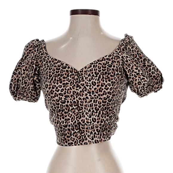 Tops - Marissa Webb Brown Leopard Cropped Open Back Puff Sleeve Printed Diane Top S
